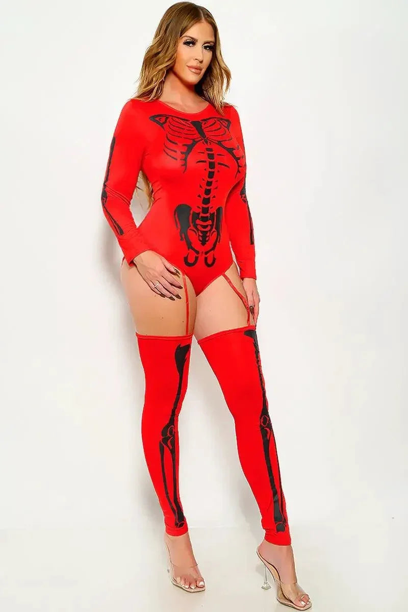 Sexy Bone-A-Fide Skeleton Red Long Sleeve Bodysuit 3 Pc Costume